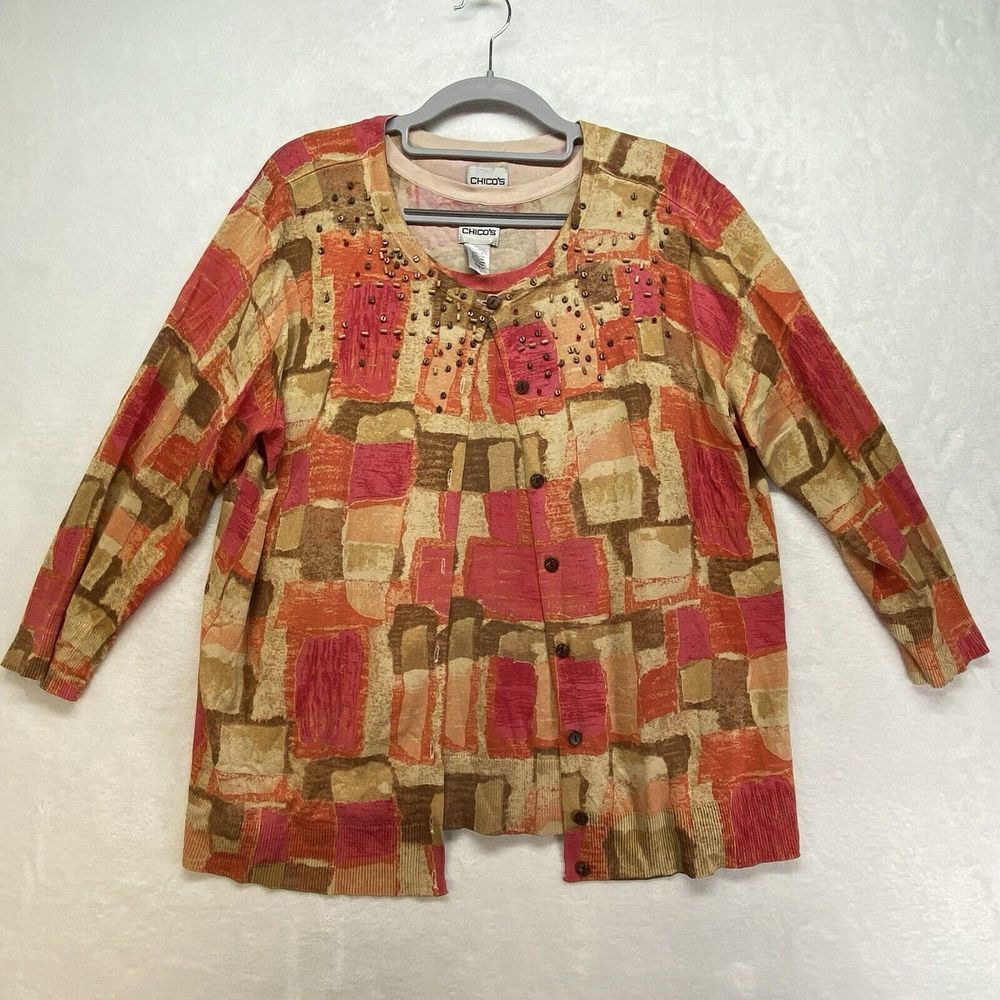 Chicos 2-Piece tank/cardigan L/XL Silk Blend‎ orange/pink abstract wood bead
